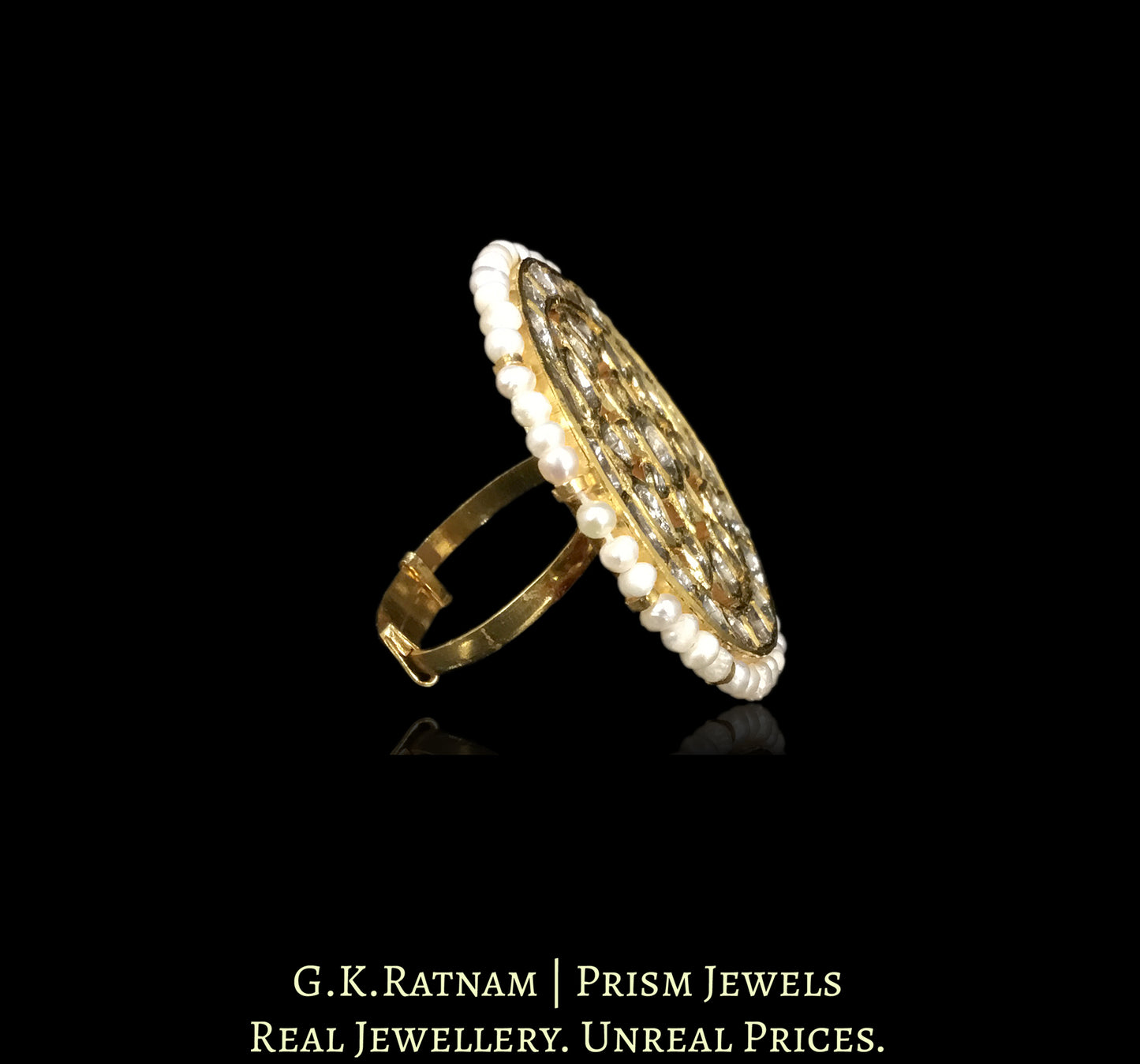 18k Gold and Diamond Polki Cocktail Ring with Hyderabadi Pearls - G. K. Ratnam