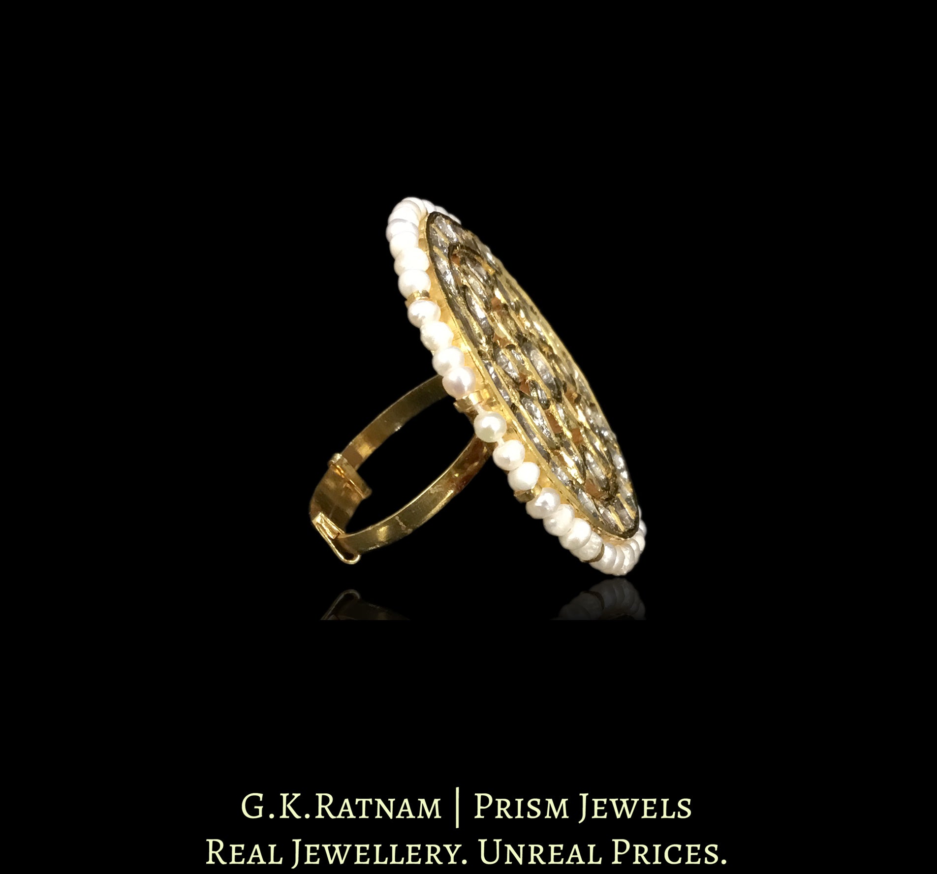 18k Gold and Diamond Polki Cocktail Ring with Hyderabadi Pearls - G. K. Ratnam