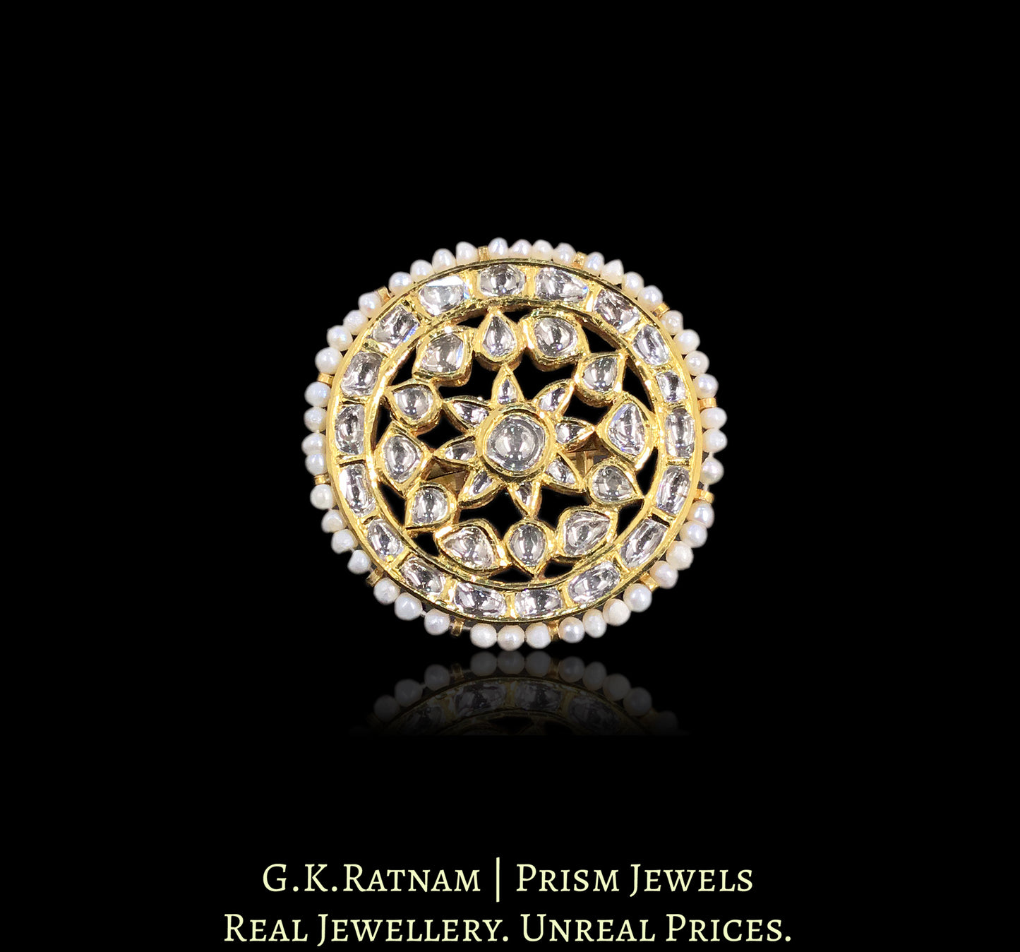 18k Gold and Diamond Polki Cocktail Ring with Hyderabadi Pearls - G. K. Ratnam