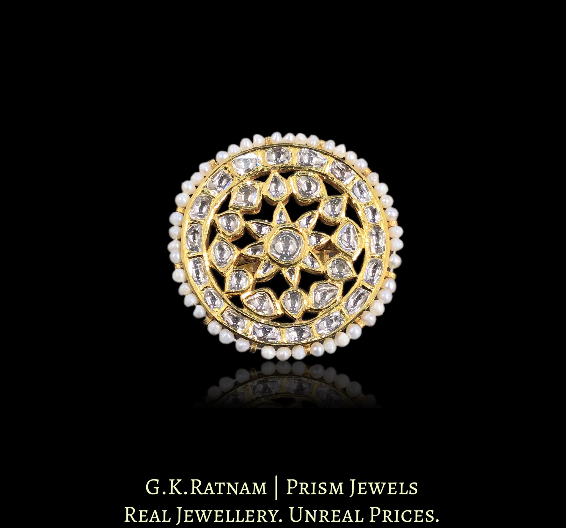 18k Gold and Diamond Polki Cocktail Ring with Hyderabadi Pearls - G. K. Ratnam
