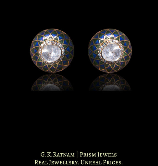 14k Gold and Diamond Polki Open Setting Tops / Studs Earring Pair with a vibrantly enamelled detachable disc