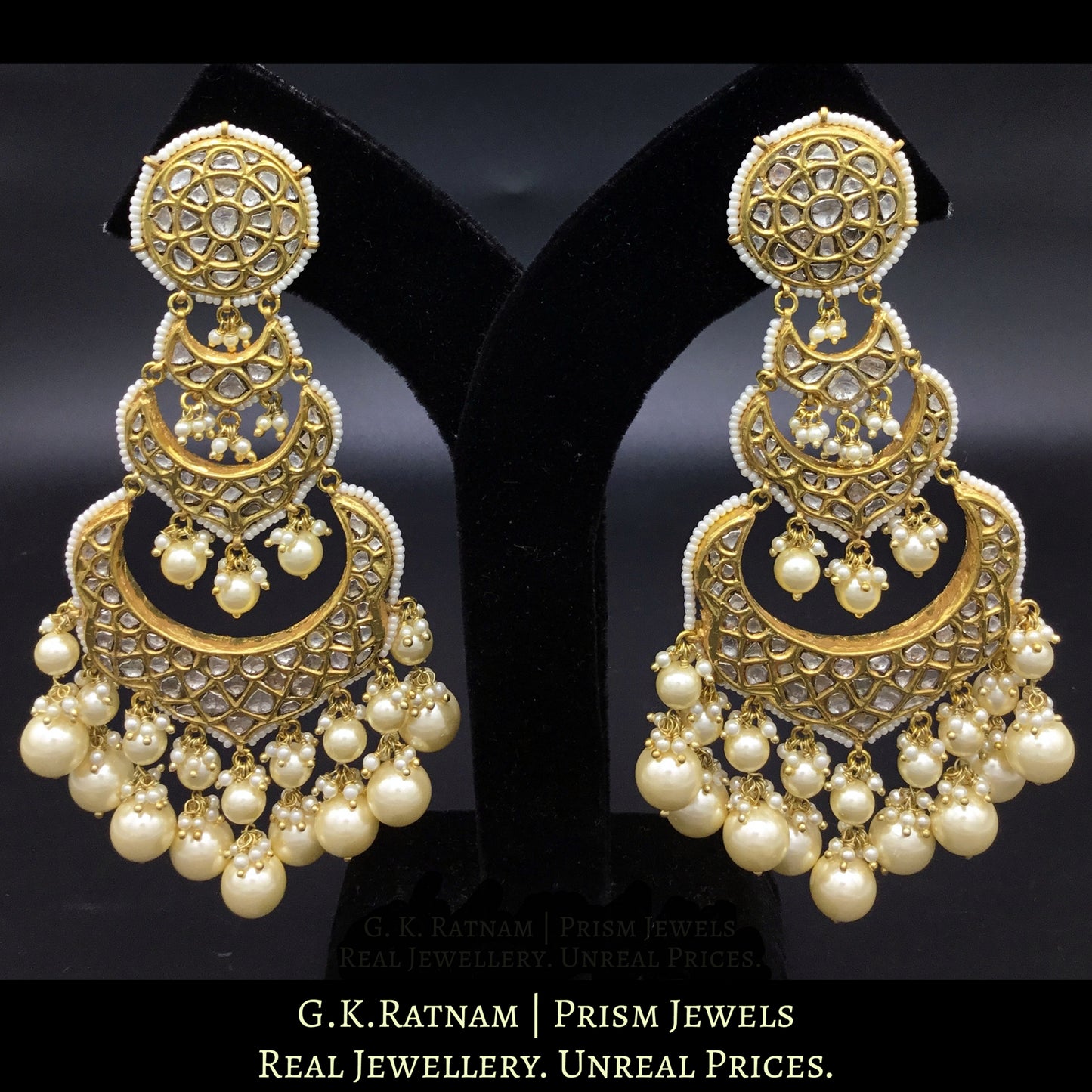 23k Gold and Diamond Polki Long Chand Bali Earring Pair with lustrous south-sea grade shell pearls - G. K. Ratnam