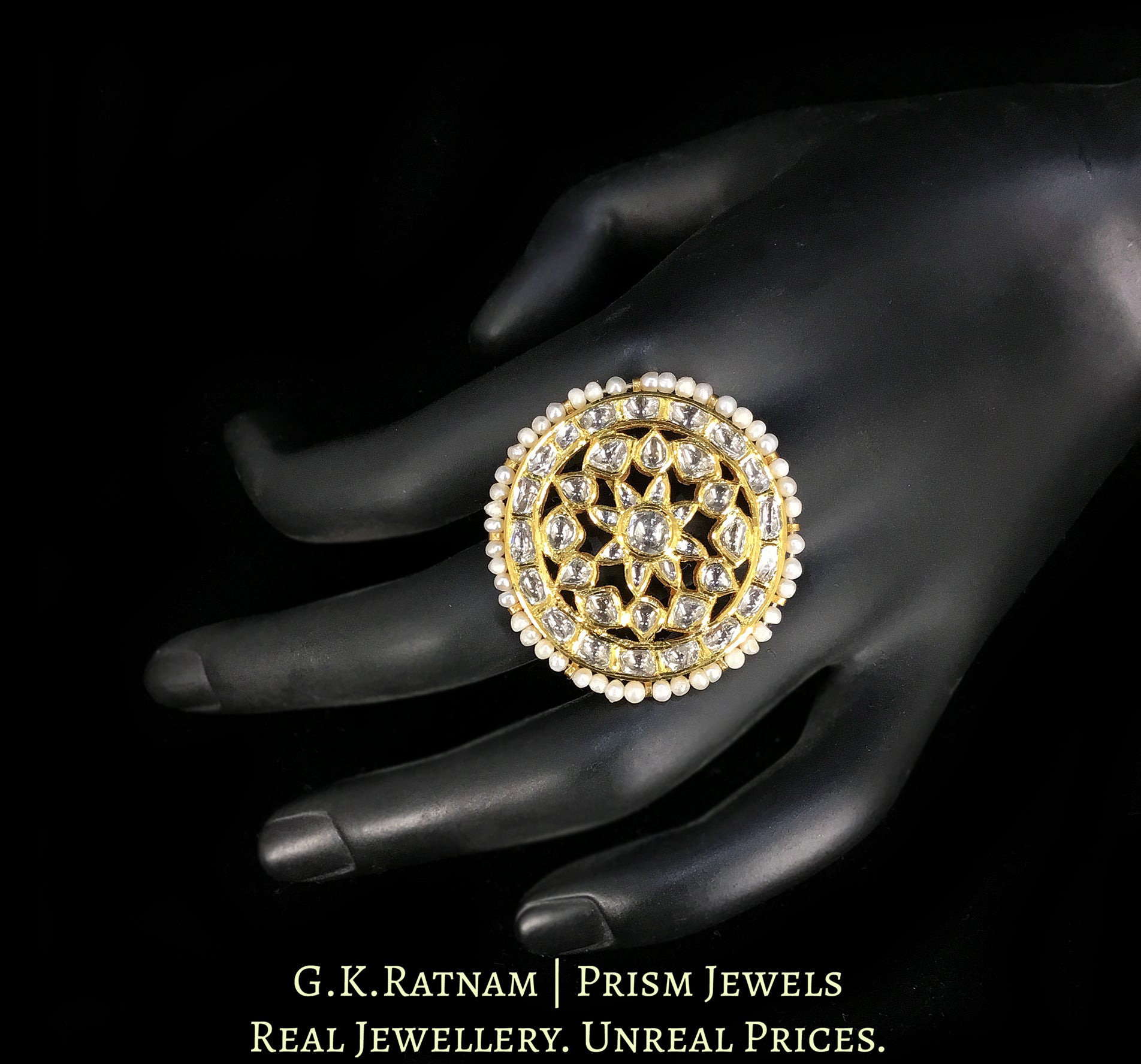 18k Gold and Diamond Polki Cocktail Ring with Hyderabadi Pearls