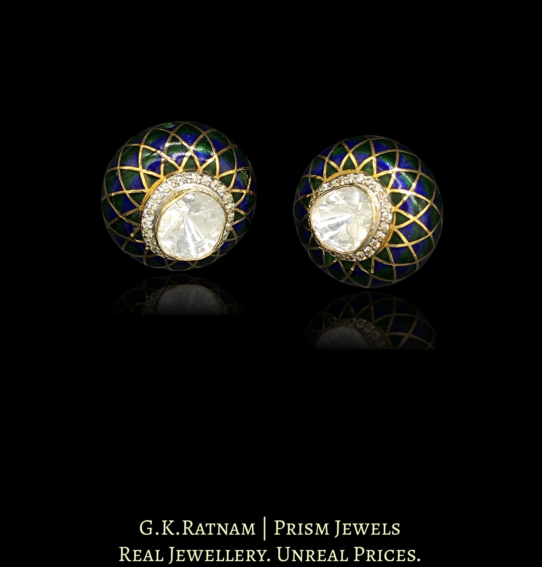 14k Gold and Diamond Polki Open Setting Tops / Studs Earring Pair with a vibrantly enamelled detachable disc