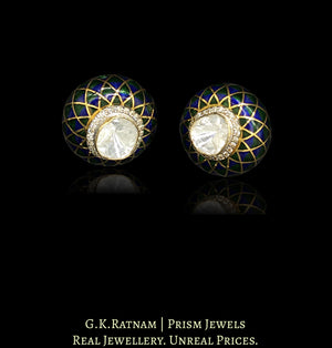 14k Gold and Diamond Polki Open Setting Tops / Studs Earring Pair with a vibrantly enamelled detachable disc