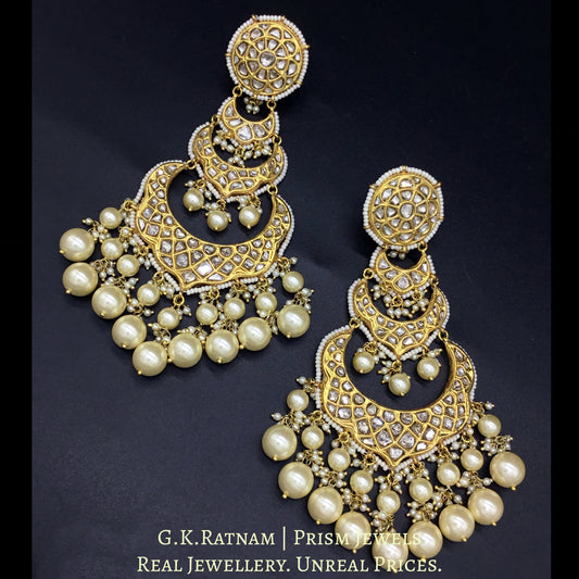 23k Gold and Diamond Polki Long Chand Bali Earring Pair with lustrous south-sea grade shell pearls - G. K. Ratnam