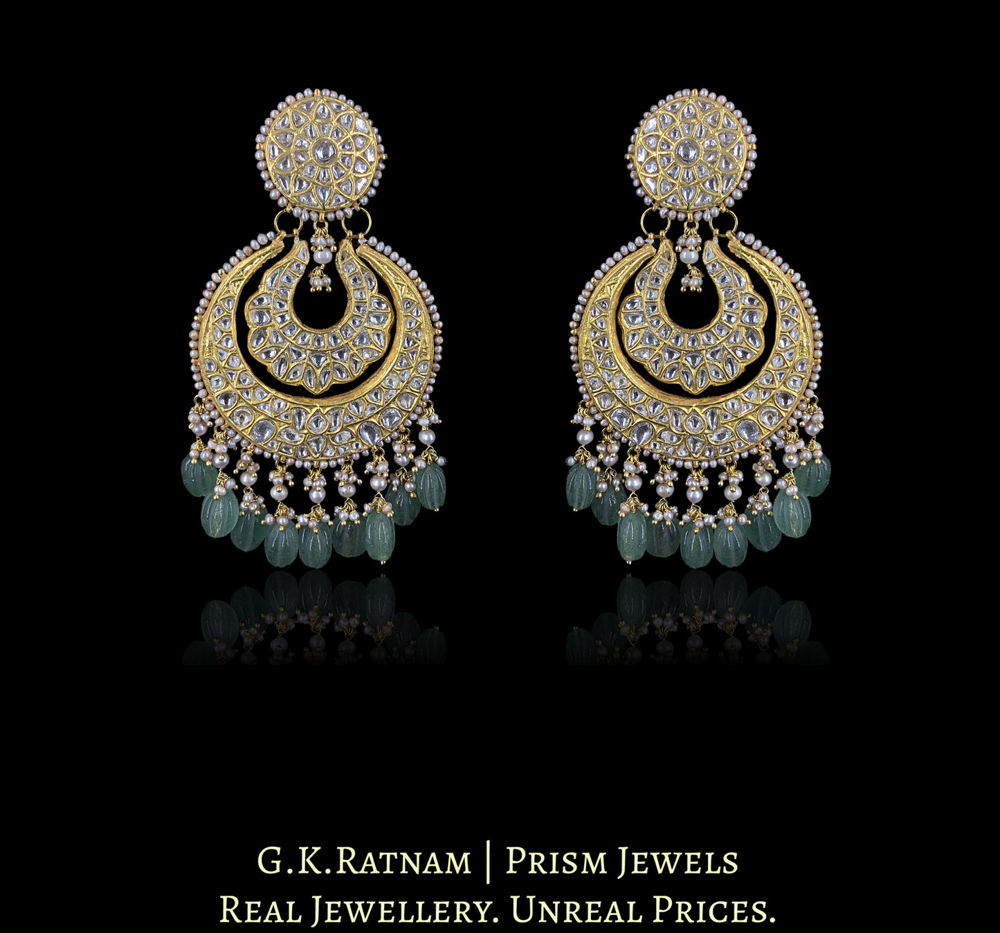 23k Gold and Diamond Polki Necklace Set with basra-like Pearls and hand-carved Melons