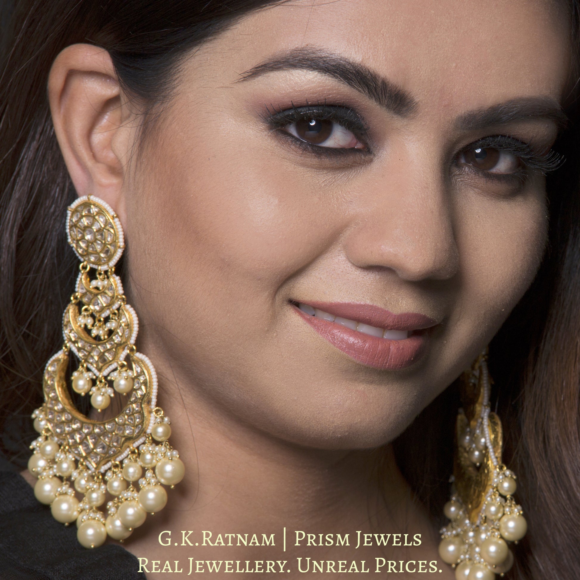 23k Gold and Diamond Polki Long Chand Bali Earring Pair with lustrous south-sea grade shell pearls - G. K. Ratnam