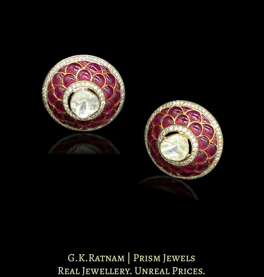14k Gold and Diamond Polki Open Setting Tops / Studs Earring Pair with Pink Rubies