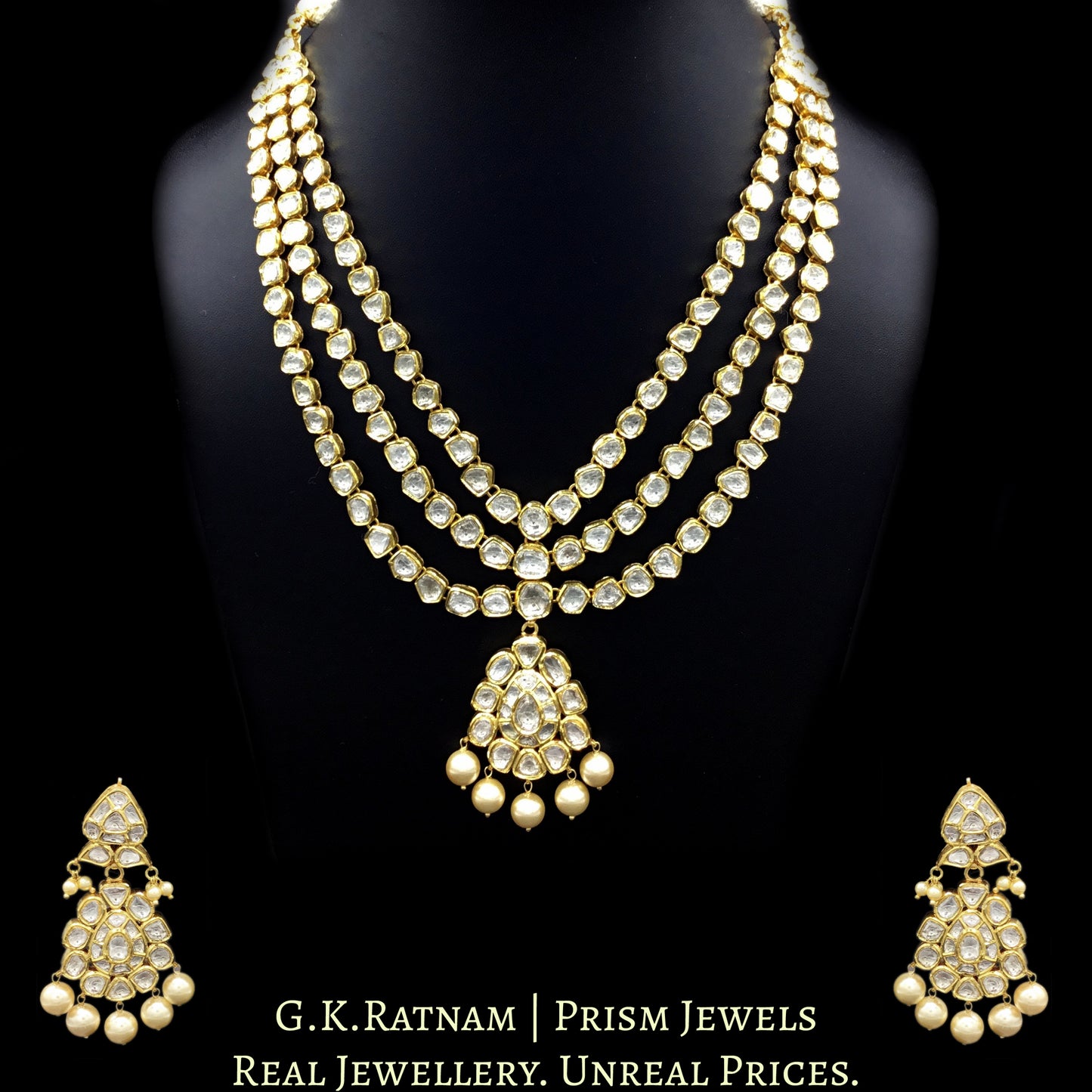 18k Gold and Diamond Polki three liner Necklace Set with mix-shaped uncut elements - G. K. Ratnam