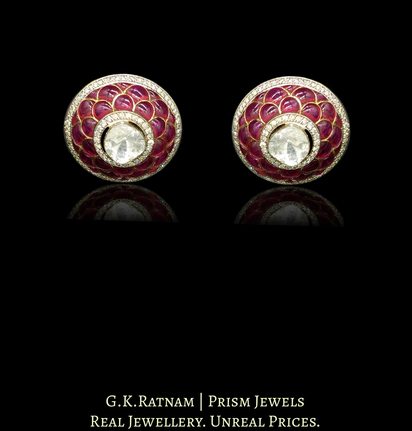 14k Gold and Diamond Polki Open Setting Tops / Studs Earring Pair with Pink Rubies