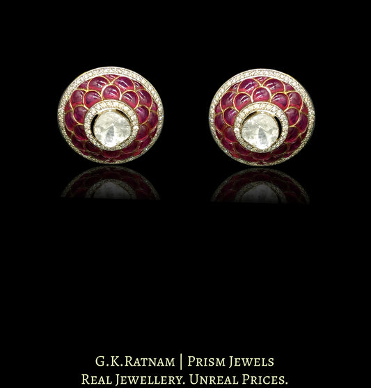 14k Gold and Diamond Polki Open Setting Tops / Studs Earring Pair with Pink Rubies