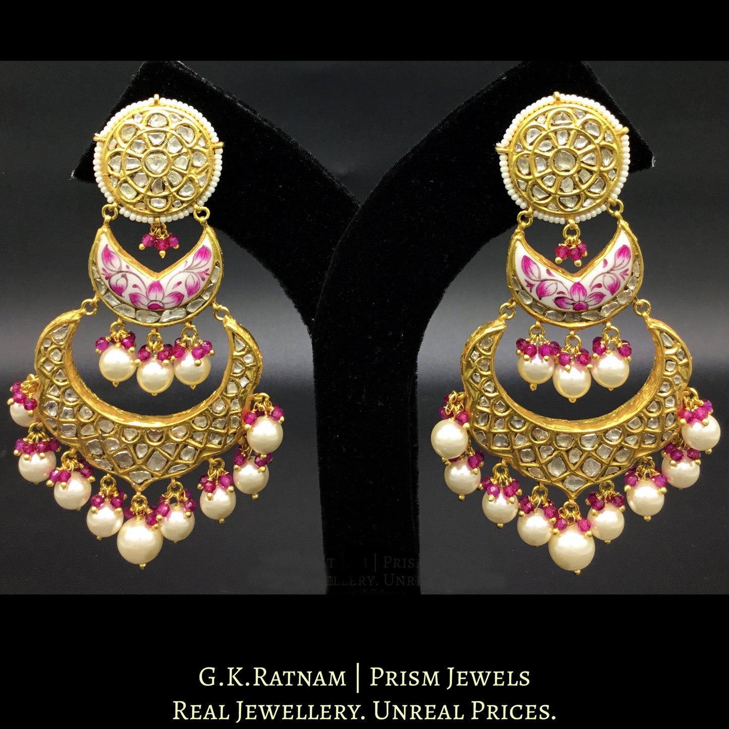 23k Gold and Diamond Polki Chand Bali Earring Pair with intricate pink enamelling - G. K. Ratnam