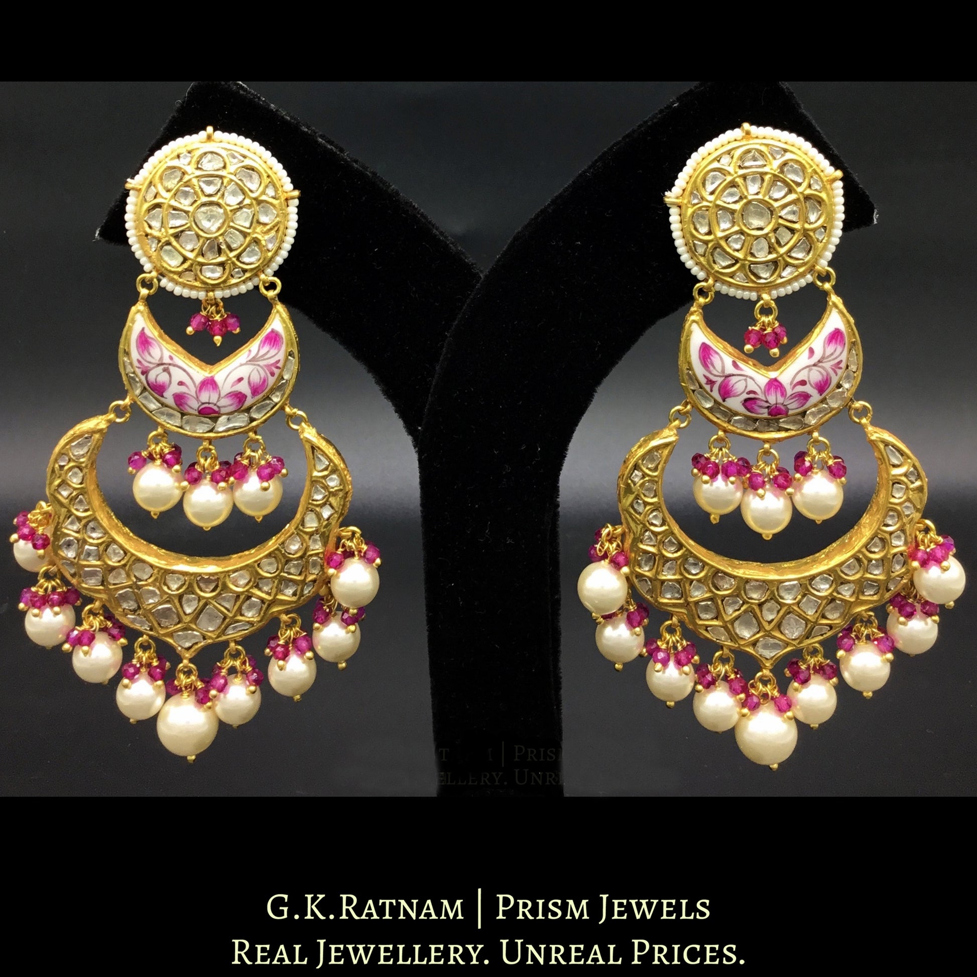 23k Gold and Diamond Polki Chand Bali Earring Pair with intricate pink enamelling - G. K. Ratnam