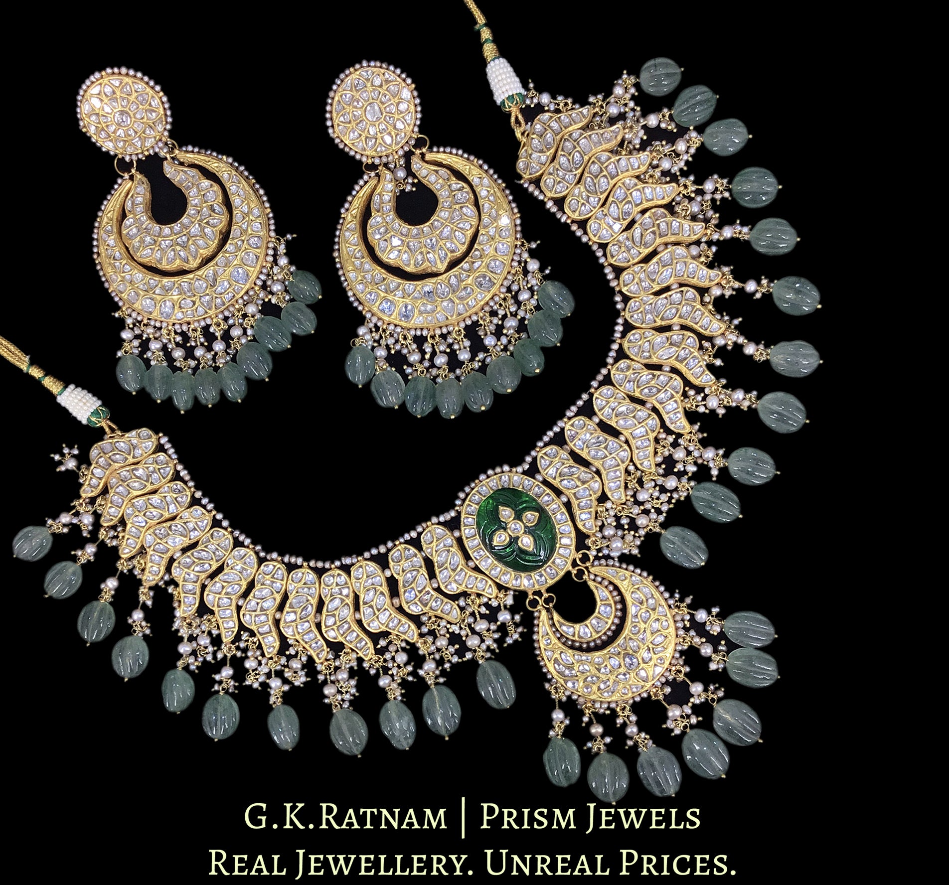 23k Gold and Diamond Polki Necklace Set with basra-like Pearls and hand-carved Melons