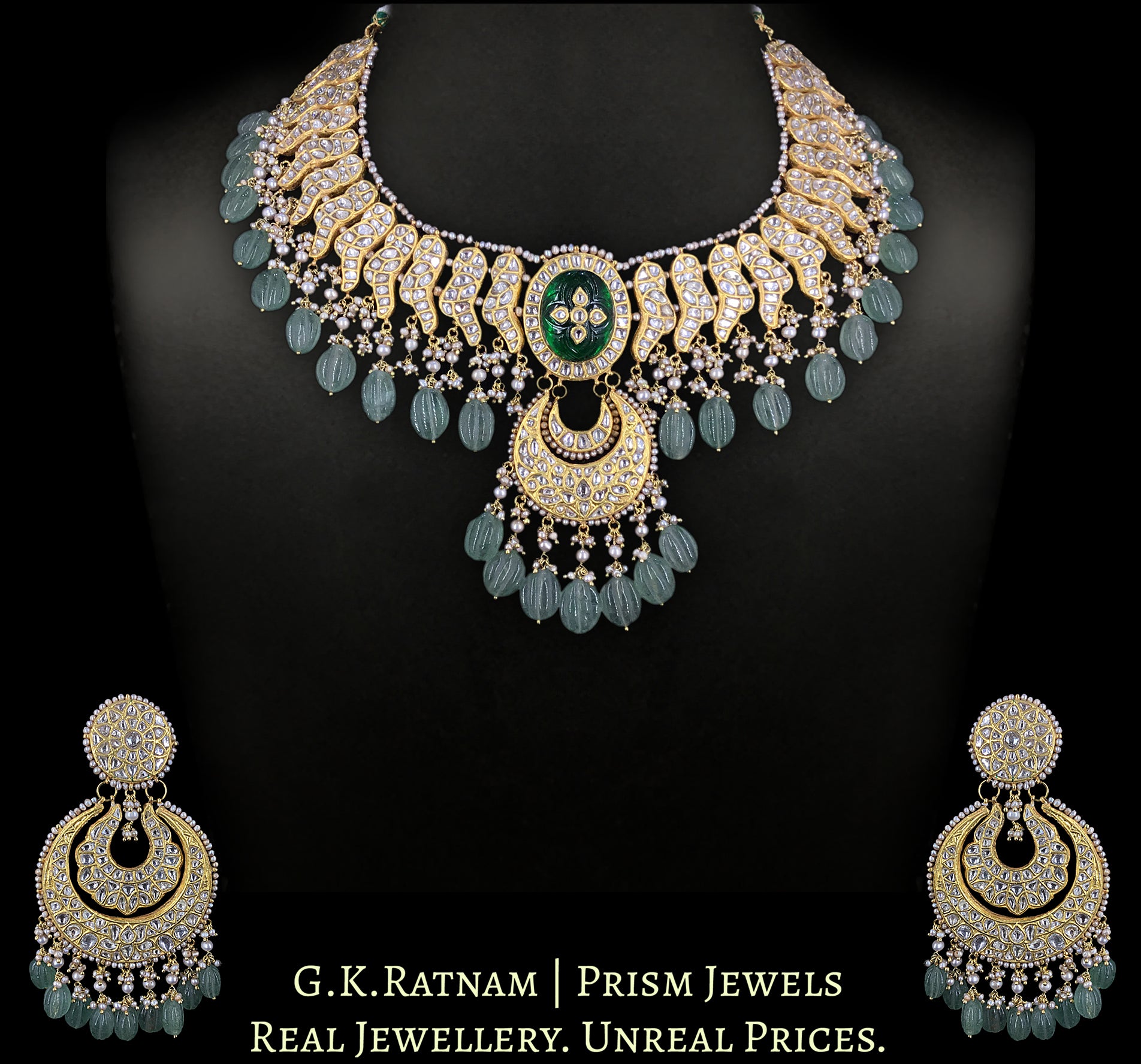 23k Gold and Diamond Polki Necklace Set with basra-like Pearls and hand-carved Melons