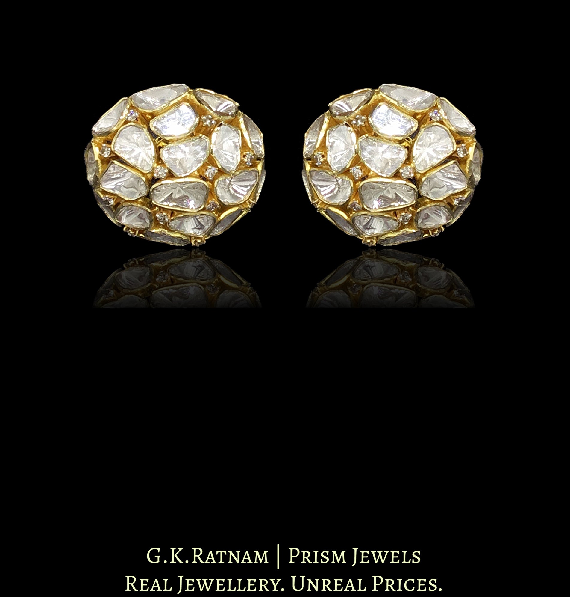 14K Gold and Diamond Polki Open Setting dome-shaped Tops / Studs Earring Pair