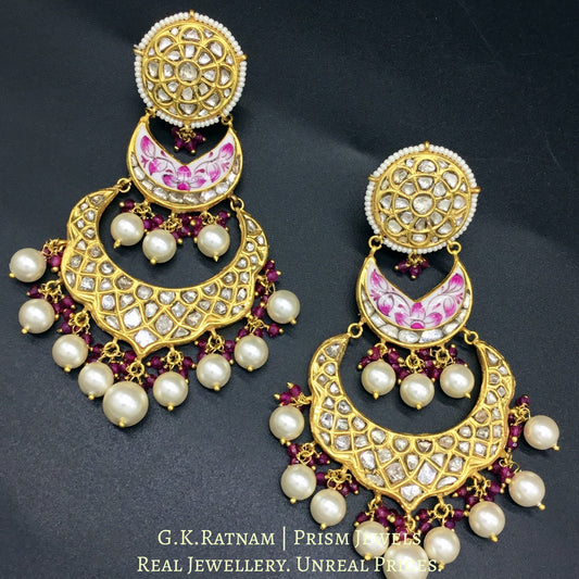 23k Gold and Diamond Polki Chand Bali Earring Pair with intricate pink enamelling - G. K. Ratnam
