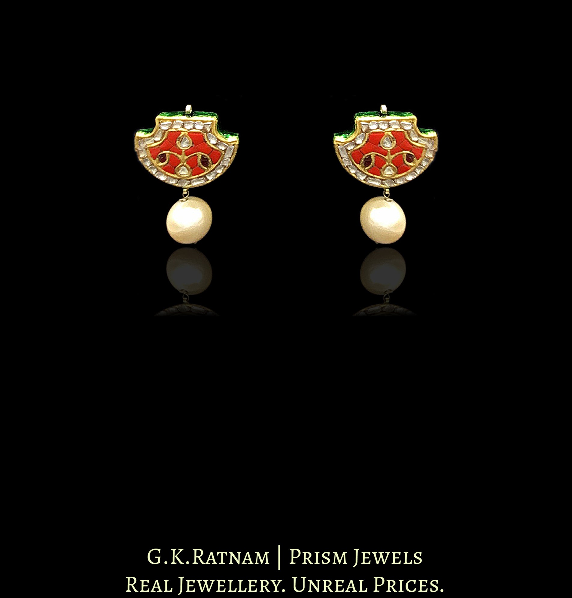 23k Gold and Diamond Polki Coral Pankhi (fan) Pendant Set strung with chid pearls - G. K. Ratnam