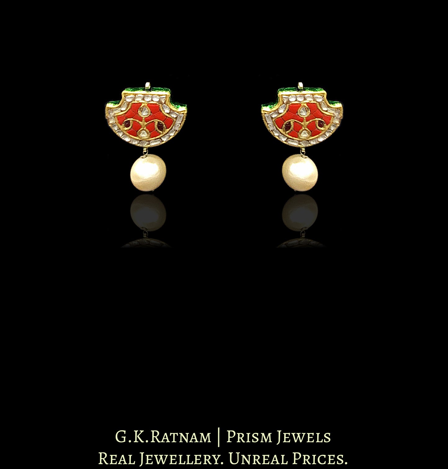 23k Gold and Diamond Polki Coral Pankhi (fan) Pendant Set strung with chid pearls - G. K. Ratnam