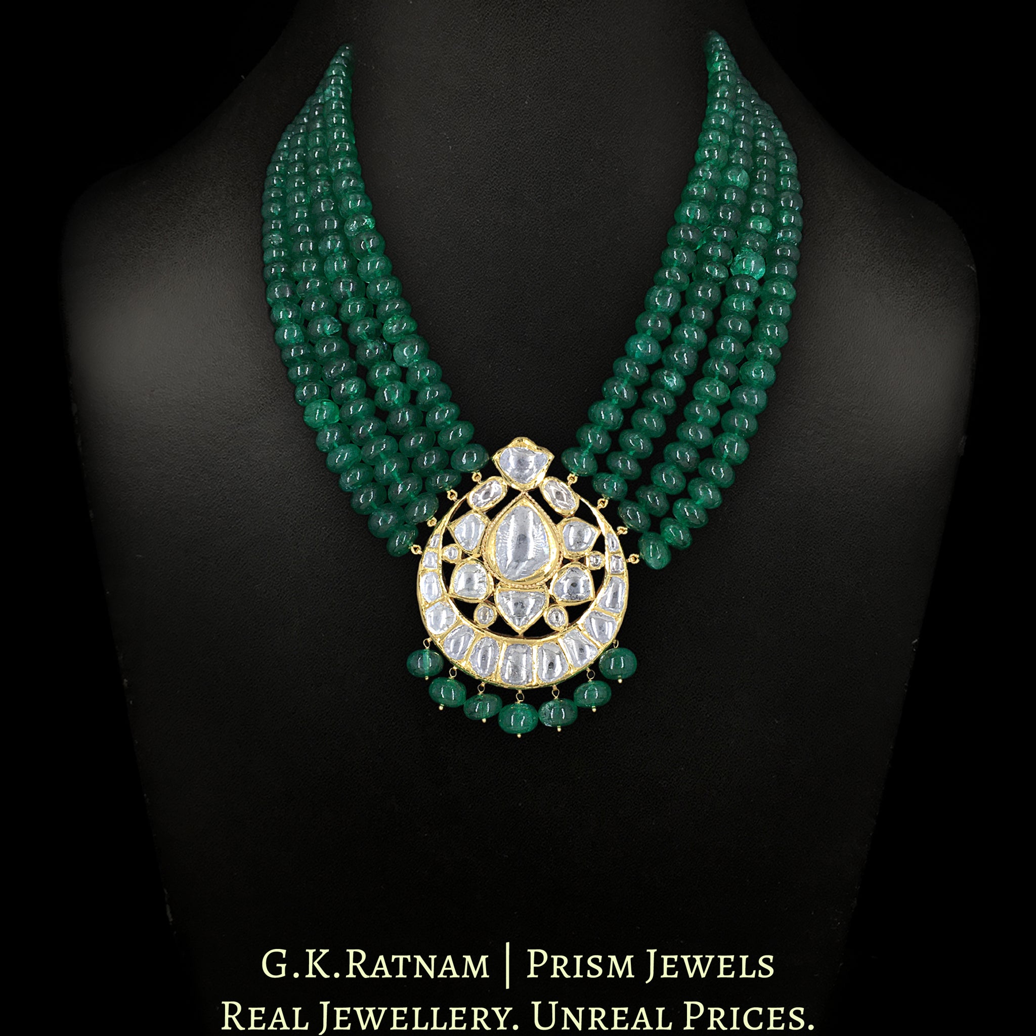 18k Gold and Diamond Polki Vintage Pendant with emerald-grade Beryls