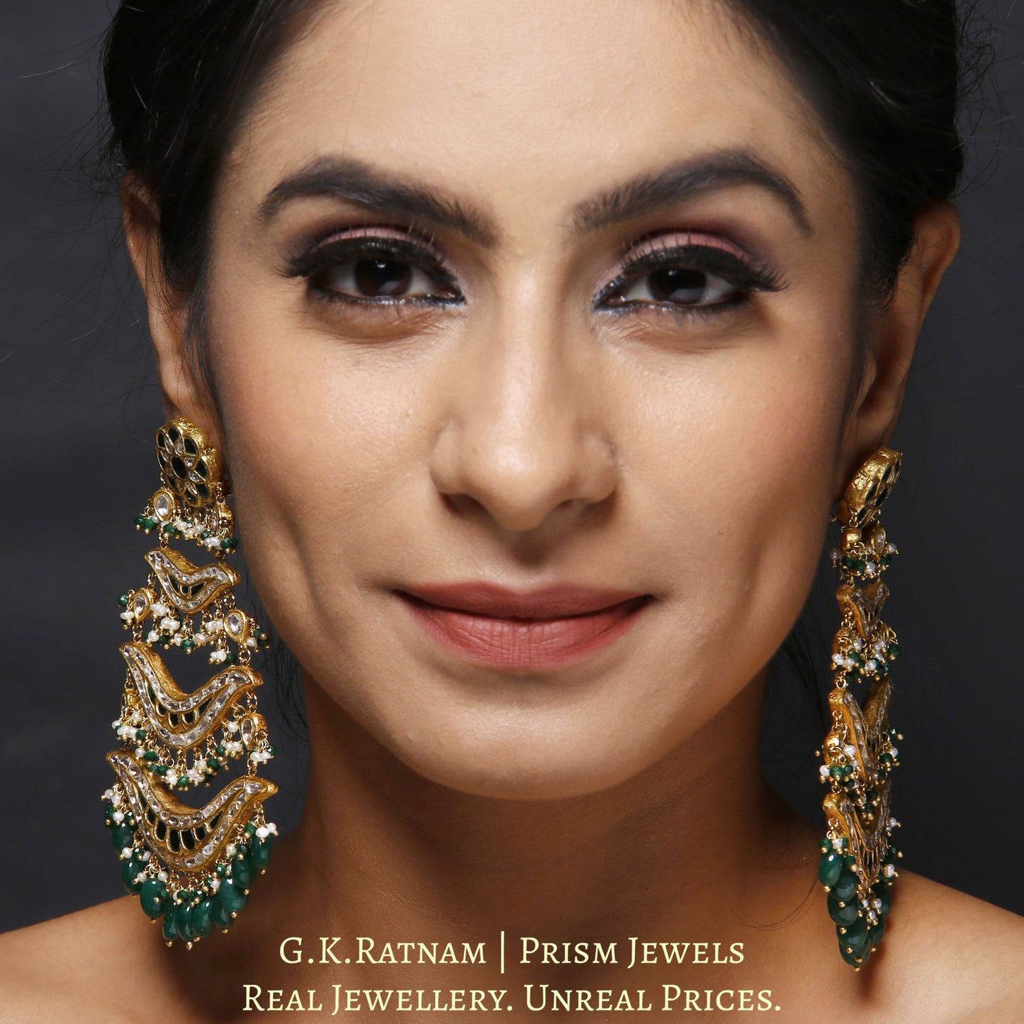 23k Gold and Diamond Polki pasa-style Chandelier Earring Pair with a hint of green - G. K. Ratnam