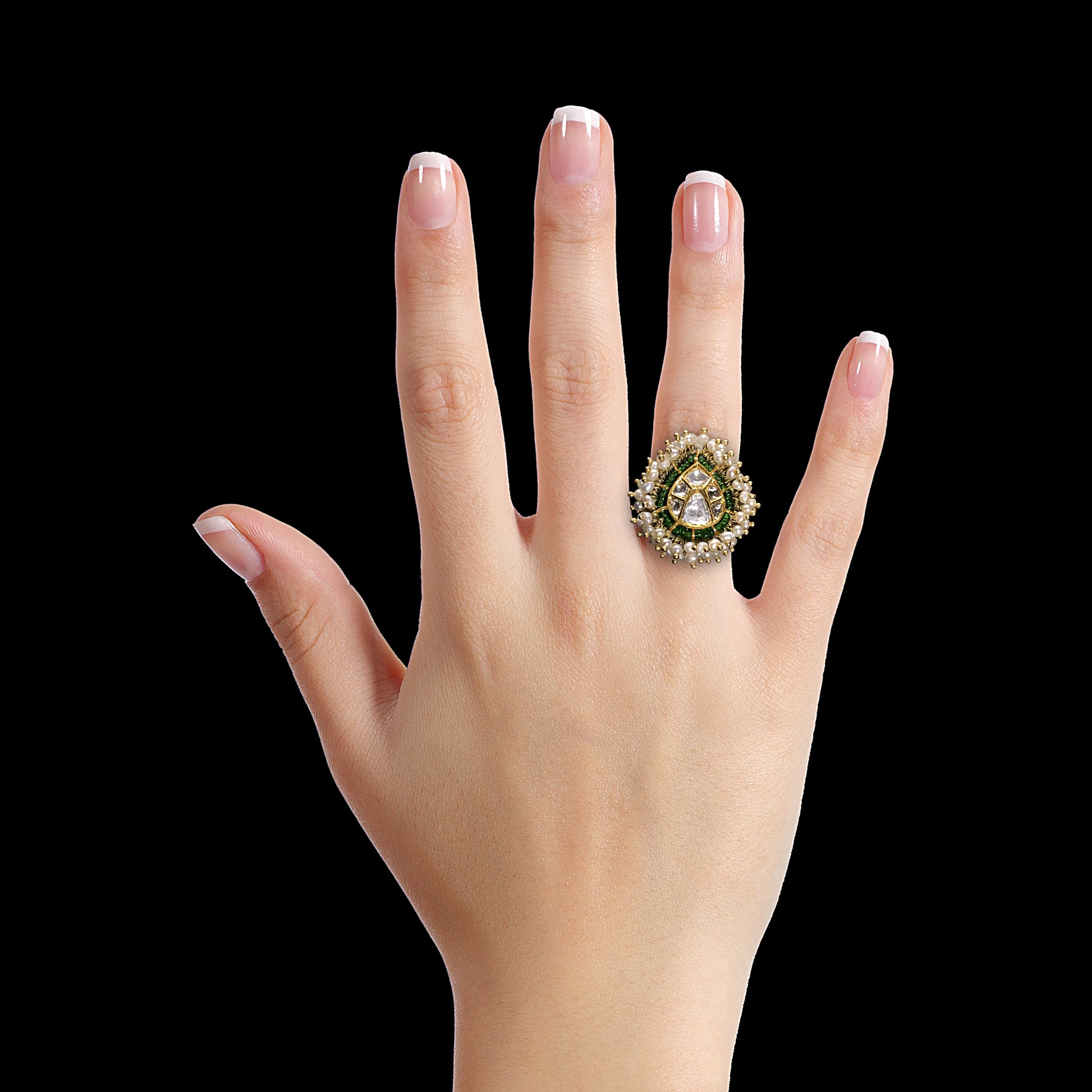 18K Gold and Diamond Polki pear-shaped Ring with Natural Freshwater Pearls - G. K. Ratnam