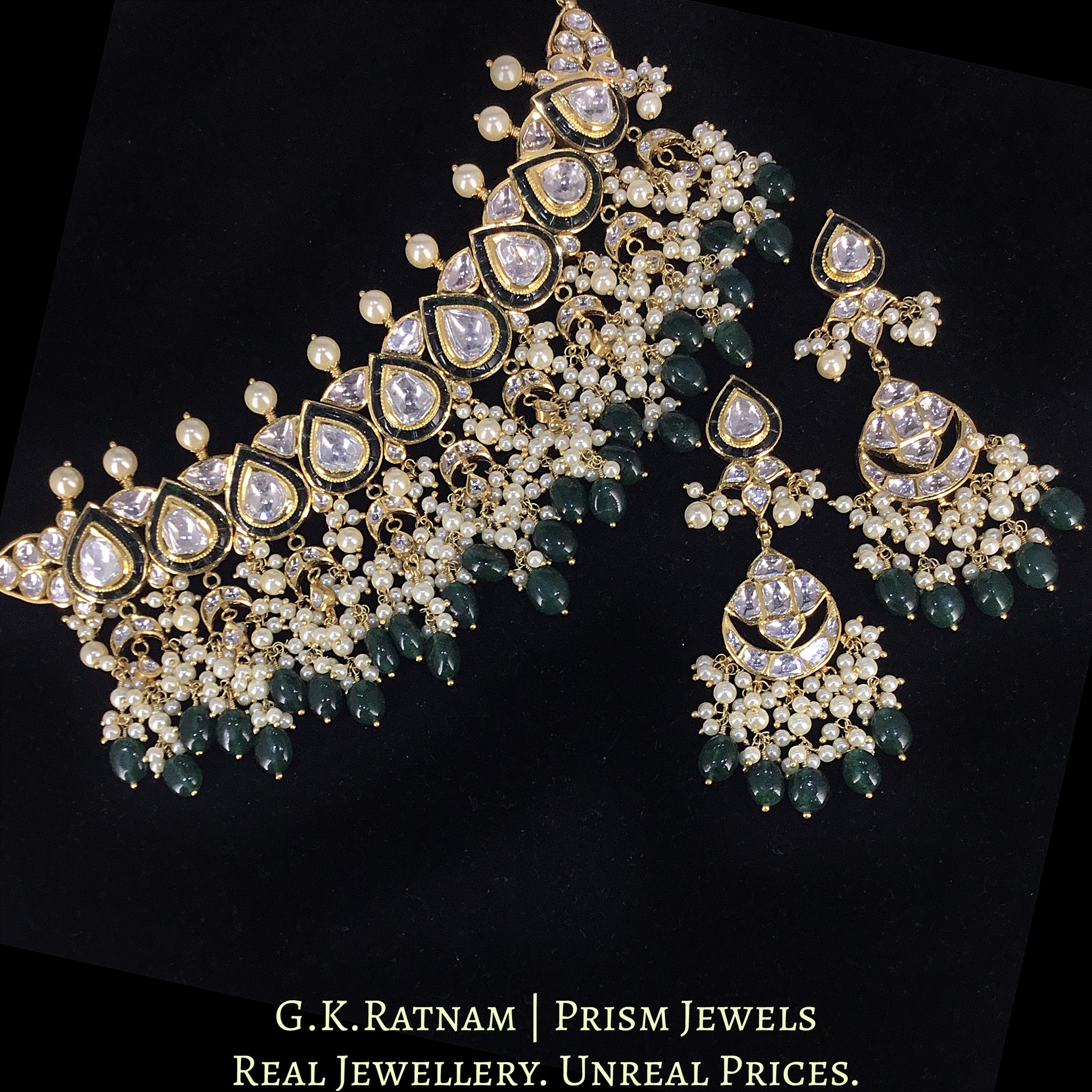 18k Gold and Diamond Polki Choker Necklace Set with pear-shaped motifs enhanced by emerald-grade Beryls and Pearls