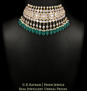 18K Gold and Diamond Polki Choker Necklace Set With Green Beryls