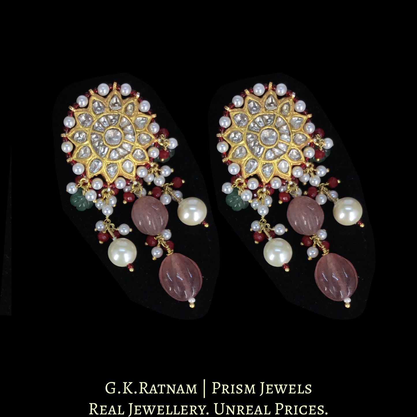 23k Gold and Diamond Polki Choker Necklace Set enhanced with hand-carved Strawberry Quartz Melons and Pearls - G. K. Ratnam