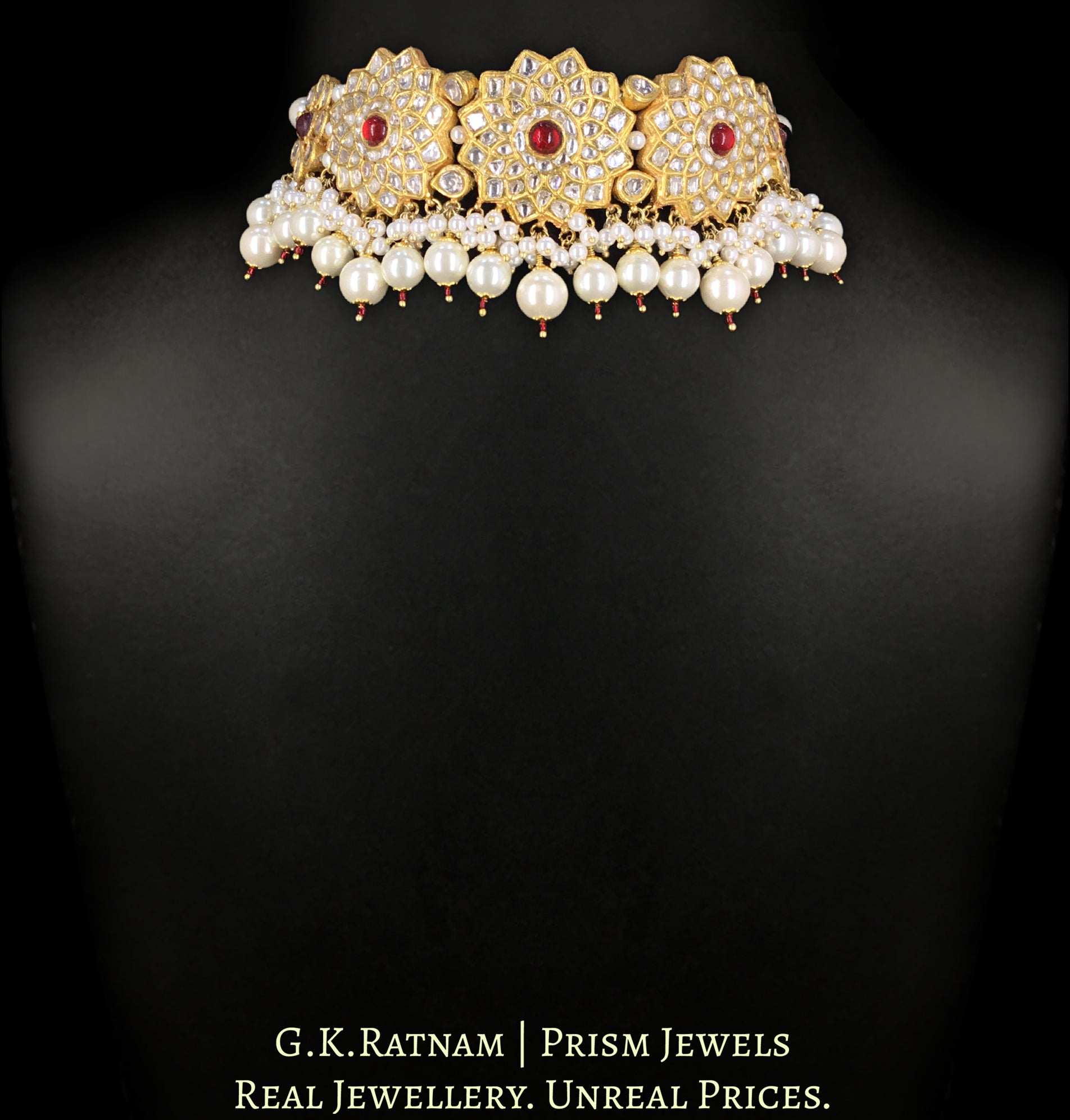 23k Gold and Diamond Polki Choker Necklace Set with ruby-center Starry Motifs