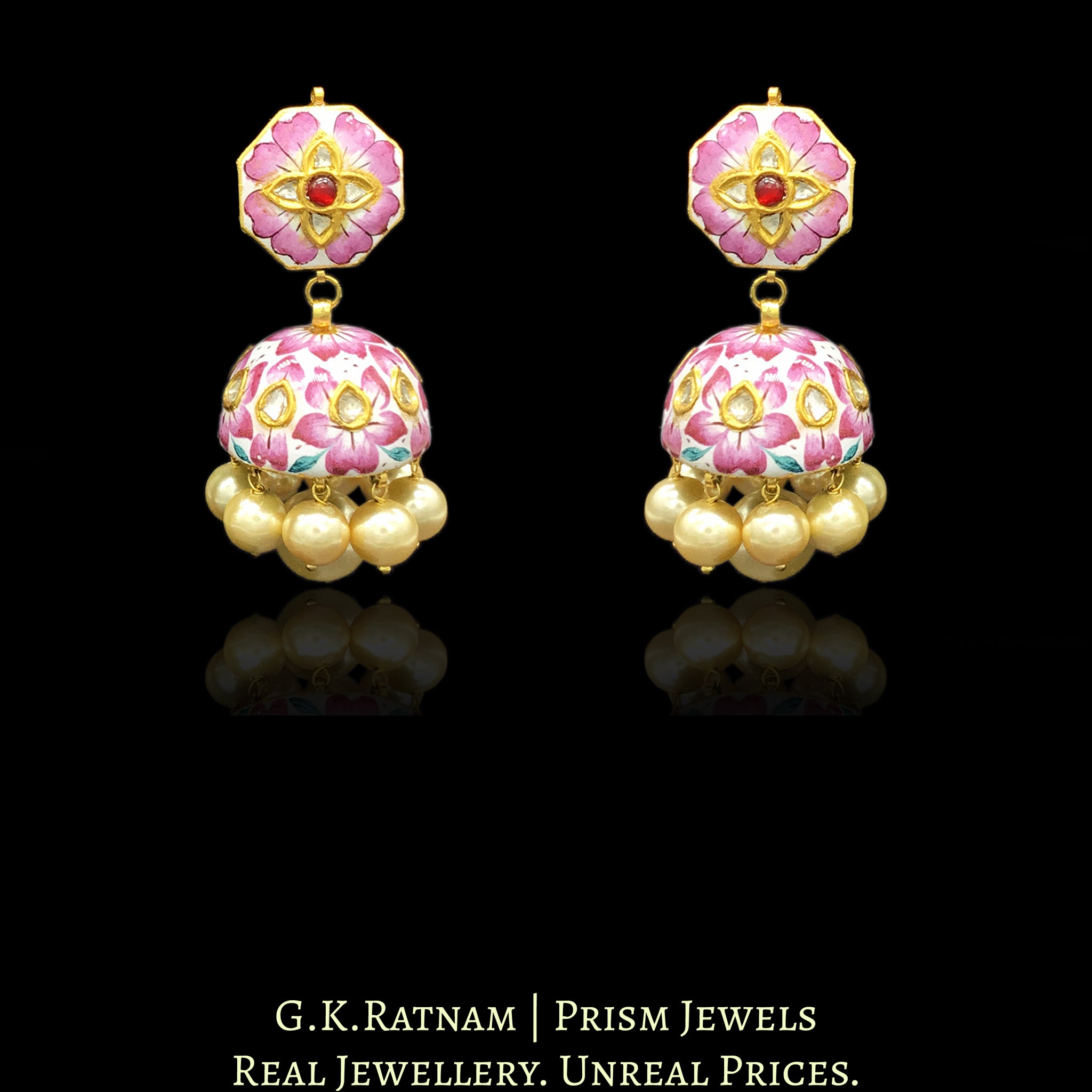 23k Gold and Diamond Polki Jhumki Earring Pair with intricate pink enamelling - G. K. Ratnam