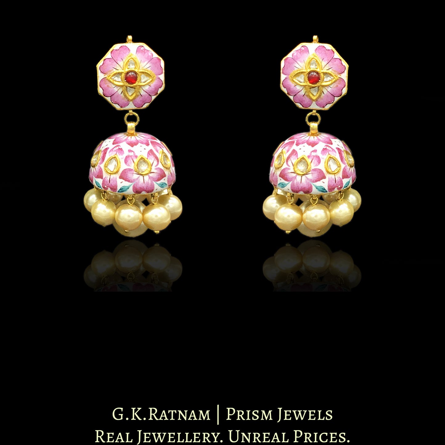 23k Gold and Diamond Polki Jhumki Earring Pair with intricate pink enamelling - G. K. Ratnam