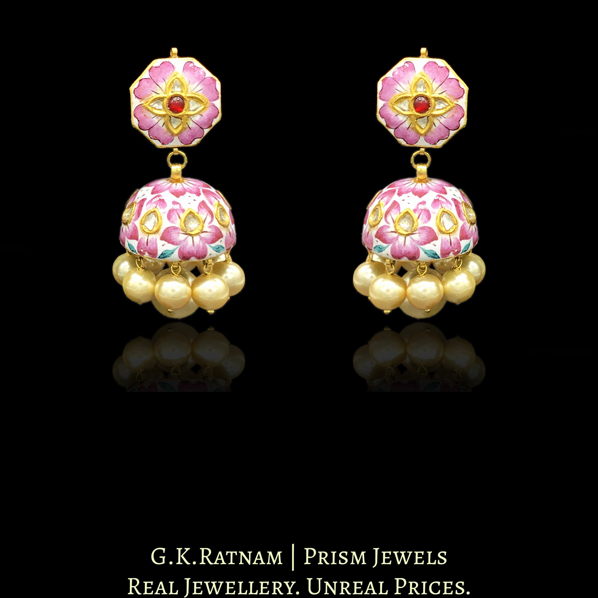 23k Gold and Diamond Polki Jhumki Earring Pair with intricate pink enamelling - G. K. Ratnam