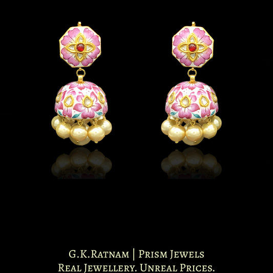 23k Gold and Diamond Polki Jhumki Earring Pair with intricate pink enamelling - G. K. Ratnam