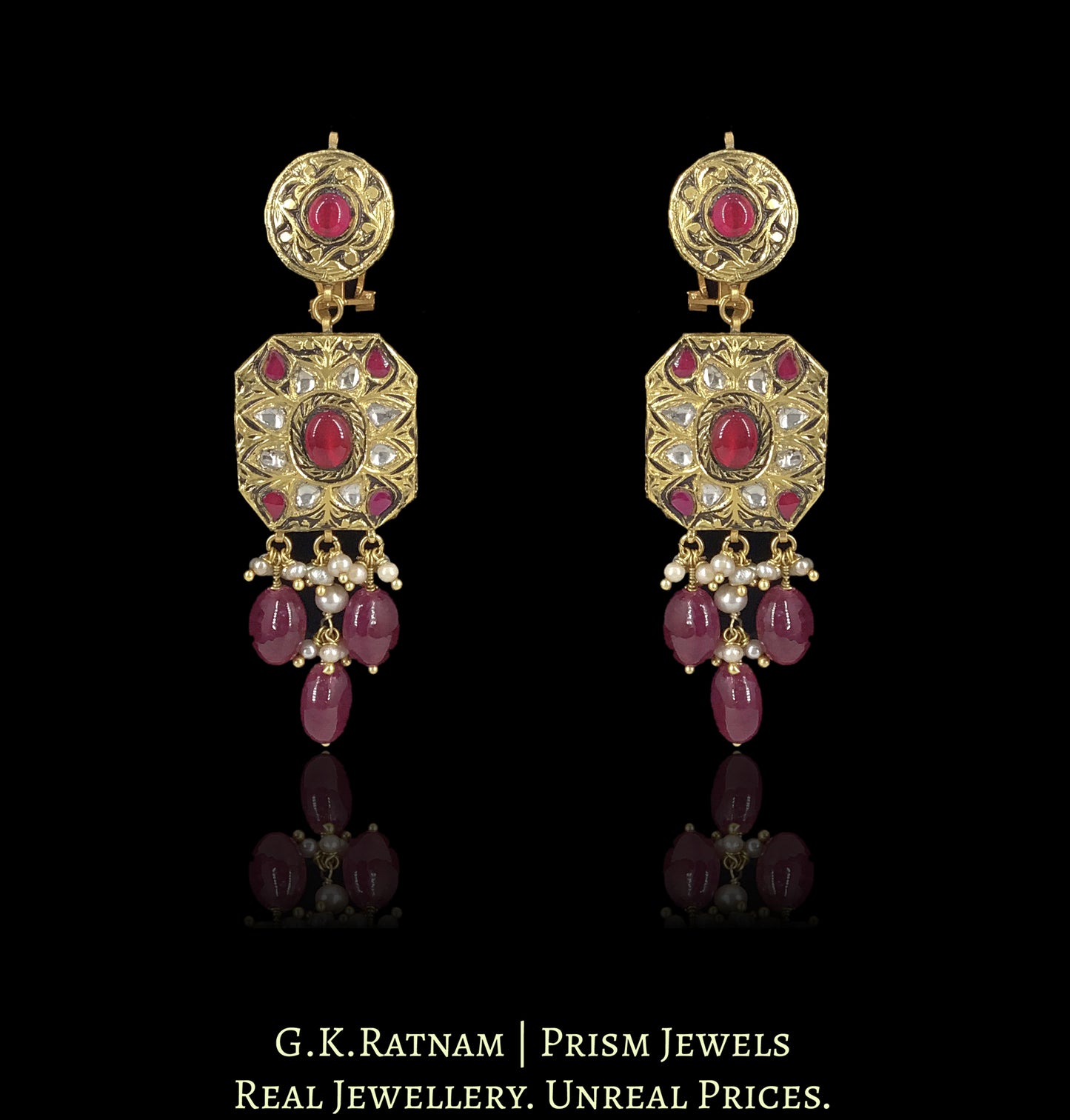 23k Gold And Diamond Polki Antiqued south-style Octagonal Pendant Set with Pearl and Ruby Chains