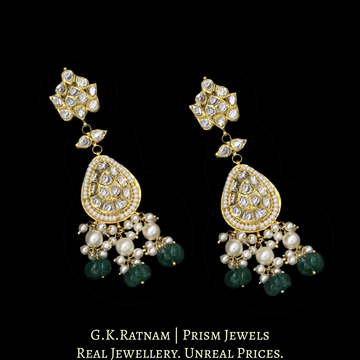 18k Gold and Diamond Polki Necklace Set With Pearls and emerald-green Carved Melons - G. K. Ratnam
