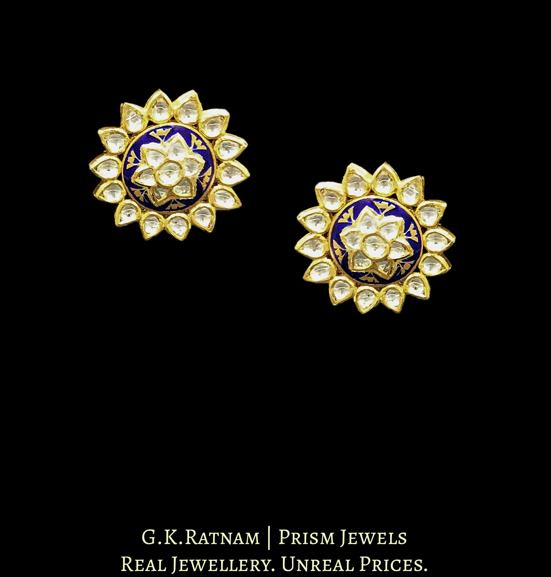 18k Gold and Diamond Polki Karnfool Pair with Blue Enamelling - G. K. Ratnam