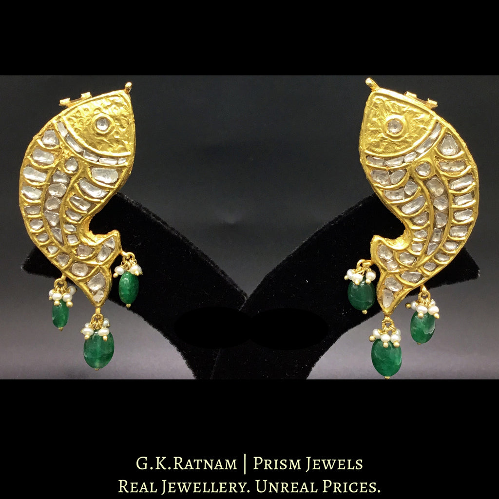 23k Gold and Diamond Polki fish (macchi / machli) Karnfool Earring Pair