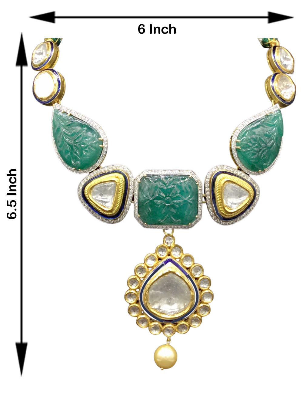 18k Gold and Diamond Polki fusion Necklace Set with big uncut hanging and Green Beryl Carvings