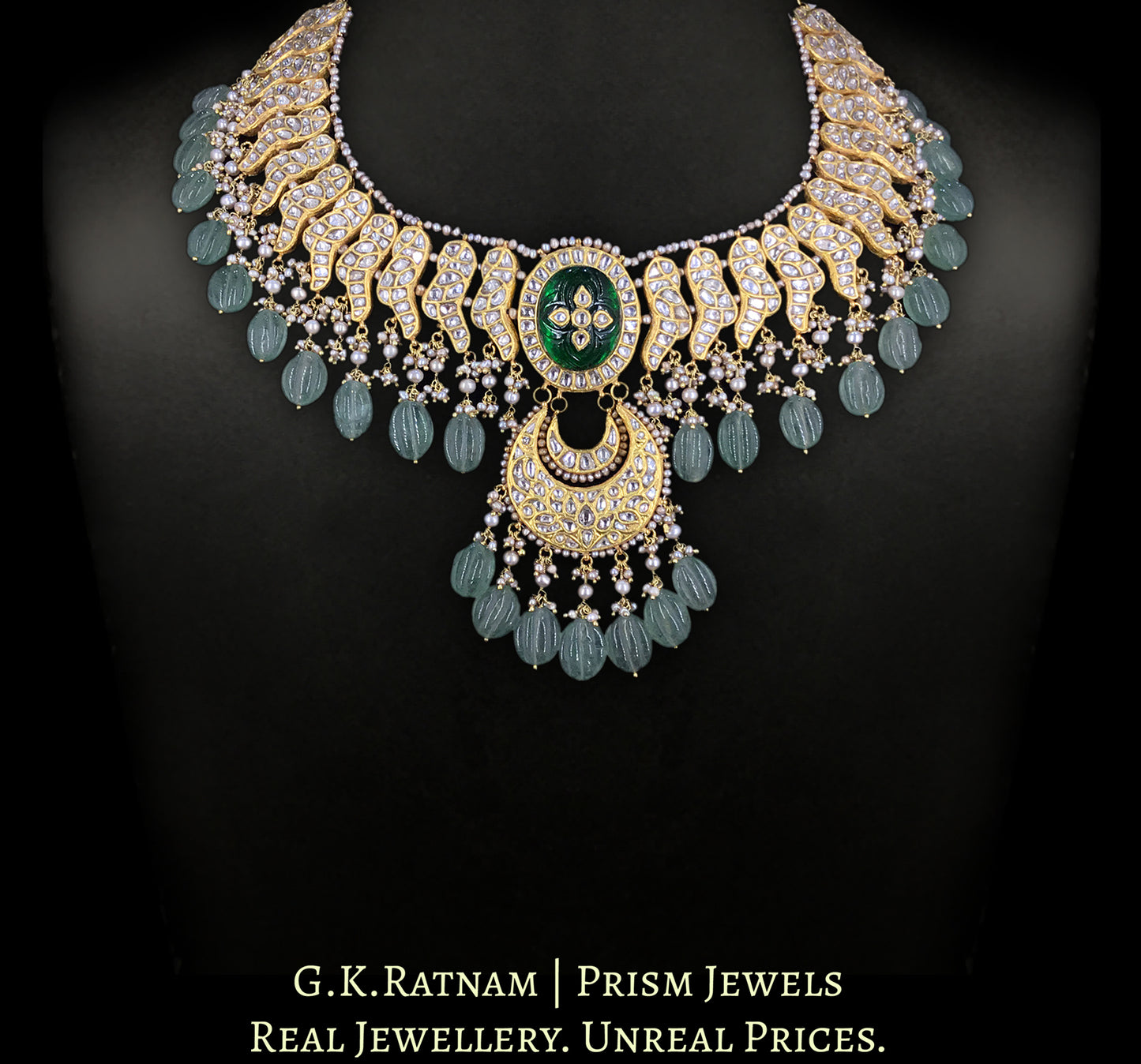 23k Gold and Diamond Polki Necklace Set with basra-like Pearls and hand-carved Melons
