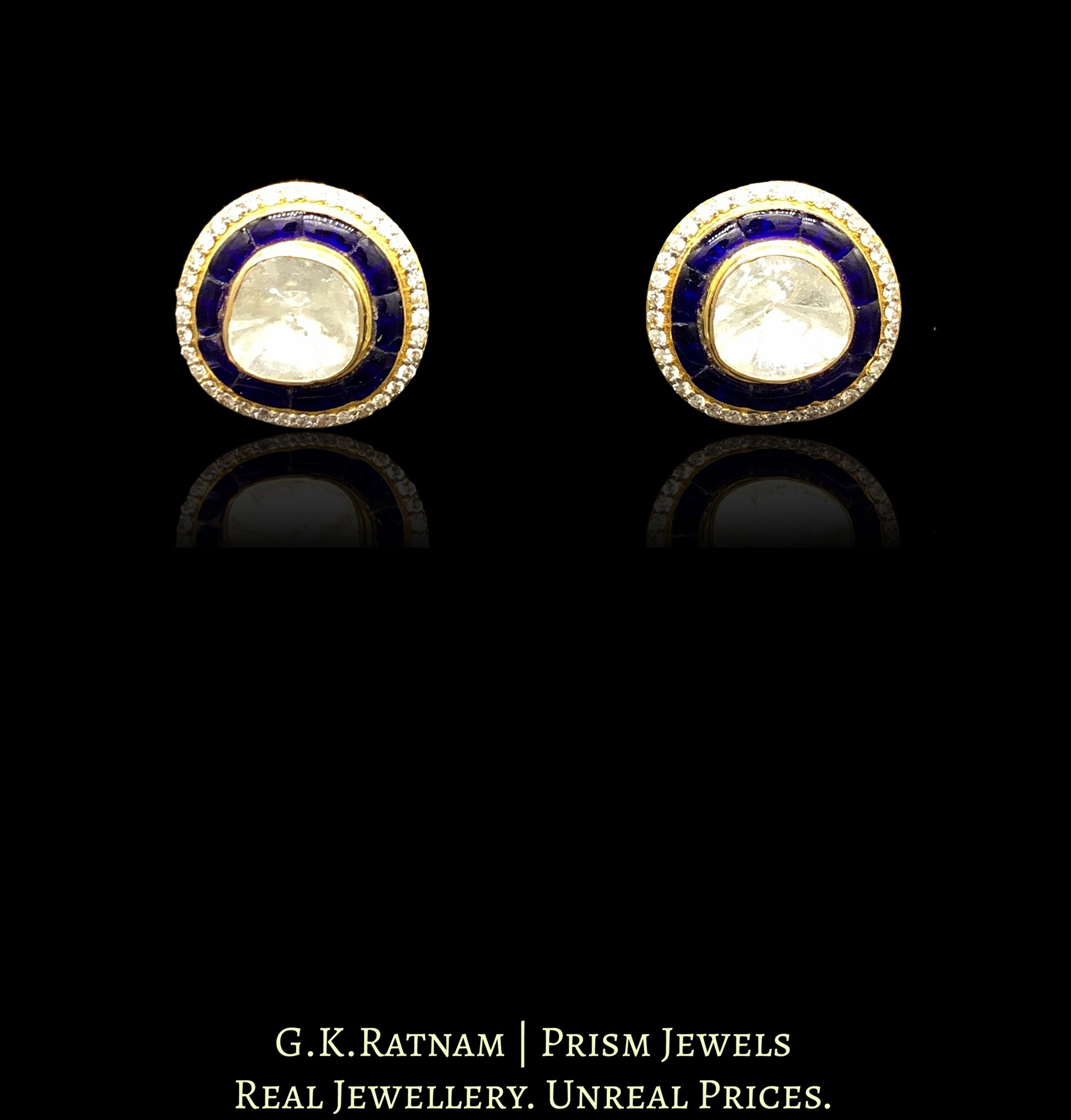 14k Gold and Diamond Polki Open Setting Tops / Studs Earring Pair with Big Uncuts encased by blue stones and diamonds
