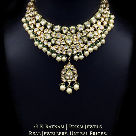 Traditional Gold and Diamond Polki green enamel Necklace Set with lustrous pearls and a dash of green - G. K. Ratnam