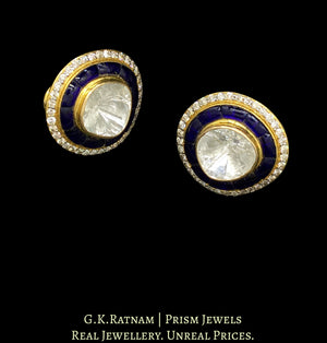 14k Gold and Diamond Polki Open Setting Tops / Studs Earring Pair with Big Uncuts encased by blue stones and diamonds