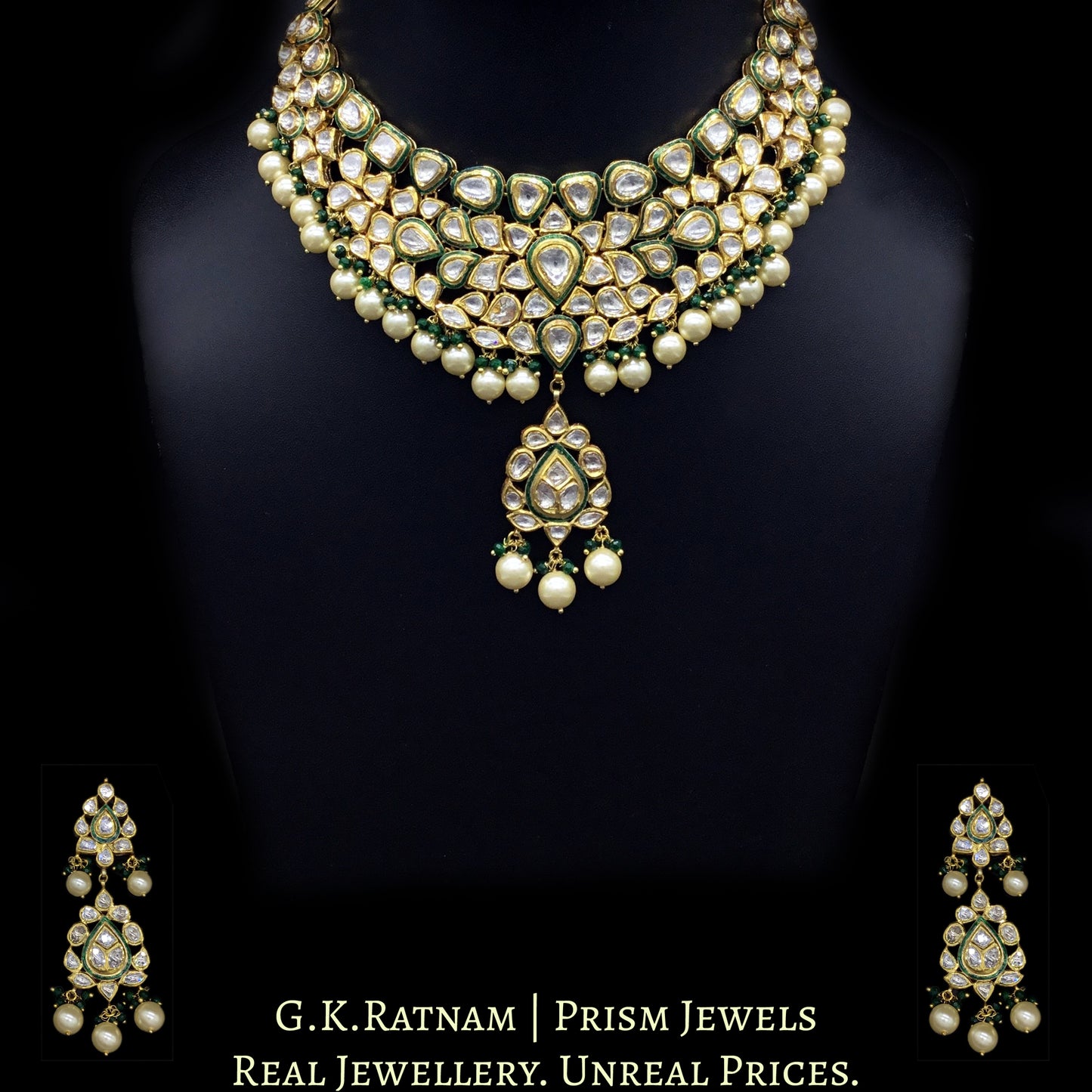 Traditional Gold and Diamond Polki green enamel Necklace Set with lustrous pearls and a dash of green - G. K. Ratnam