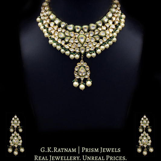 Traditional Gold and Diamond Polki green enamel Necklace Set with lustrous pearls and a dash of green - G. K. Ratnam