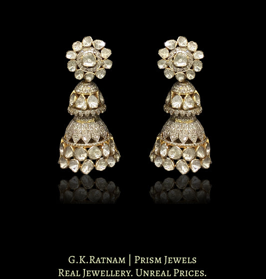 14k Gold and Diamond Polki Open Setting two-tiered Jhumki Earring Pair with flower-shaped tops