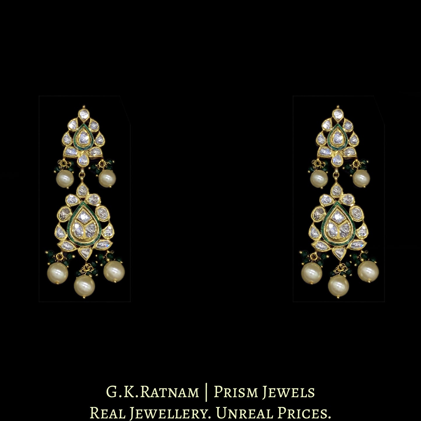 Traditional Gold and Diamond Polki green enamel Necklace Set with lustrous pearls and a dash of green - G. K. Ratnam