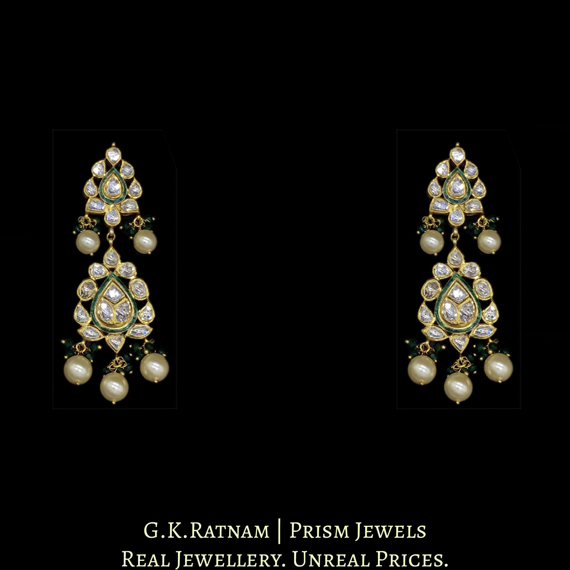Traditional Gold and Diamond Polki green enamel Necklace Set with lustrous pearls and a dash of green - G. K. Ratnam