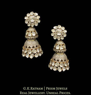 14k Gold and Diamond Polki Open Setting two-tiered Jhumki Earring Pair with flower-shaped tops